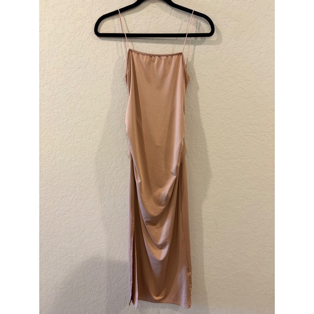 Tan Ruched Spaghetti Strap Midi Dress Twist Back Cutout Size M